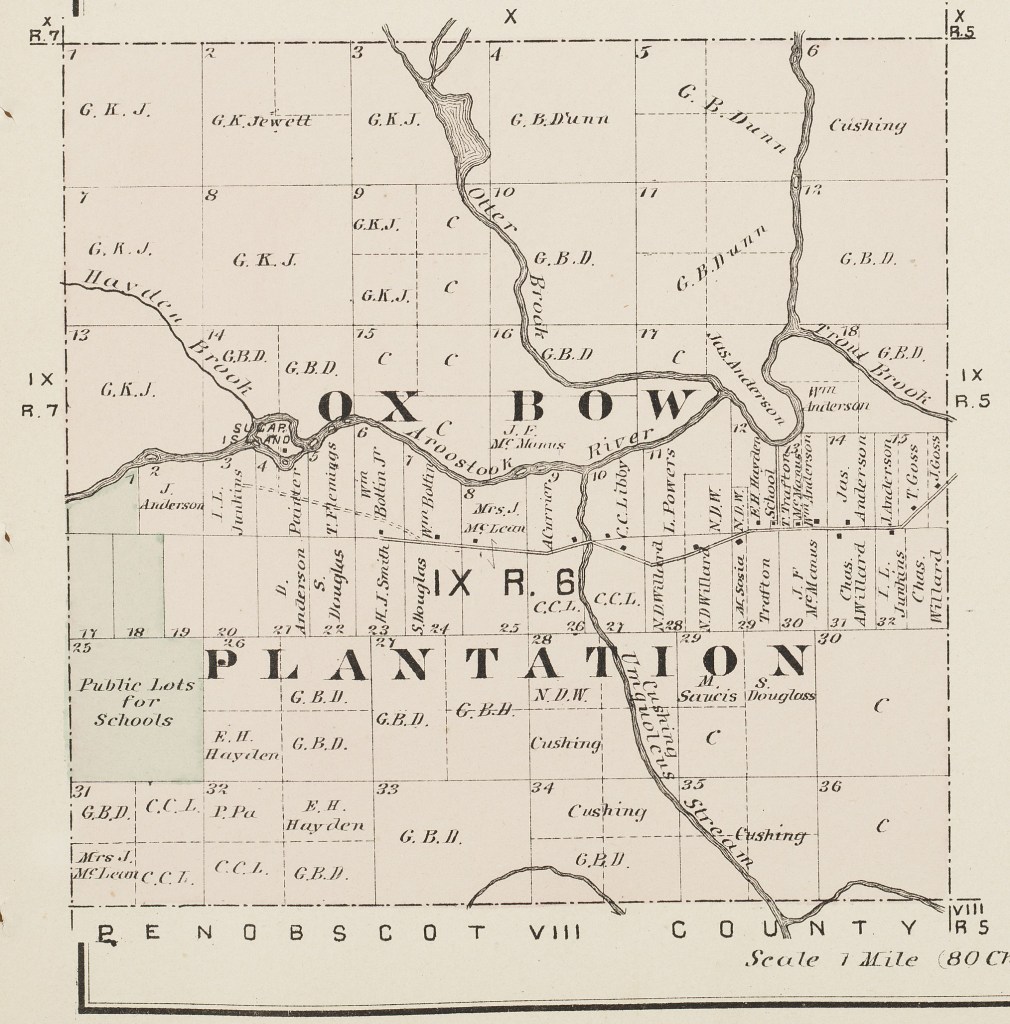 1877 map of Oxbow Plantation from the Atlas of Aroostook County, Maine, by Roe & Colby.