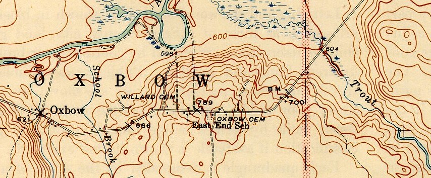 1942 topo map showing the location of the East End School in Oxbow, Maine.